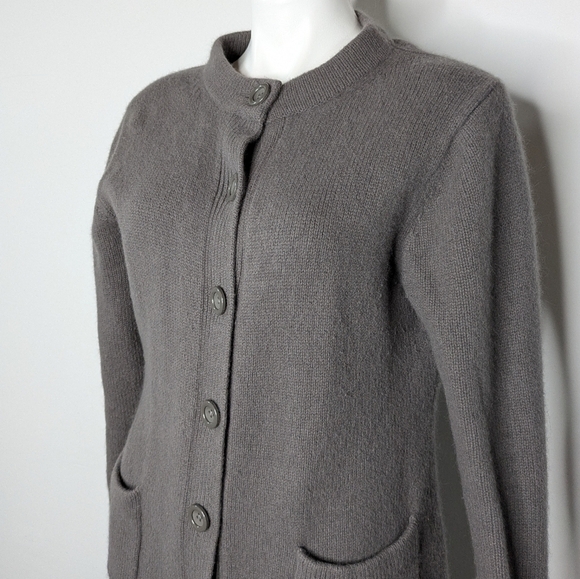 Garnet Hill grey lambs wool angora nylon blend button up long cardigan sweater L - Picture 2 of 8